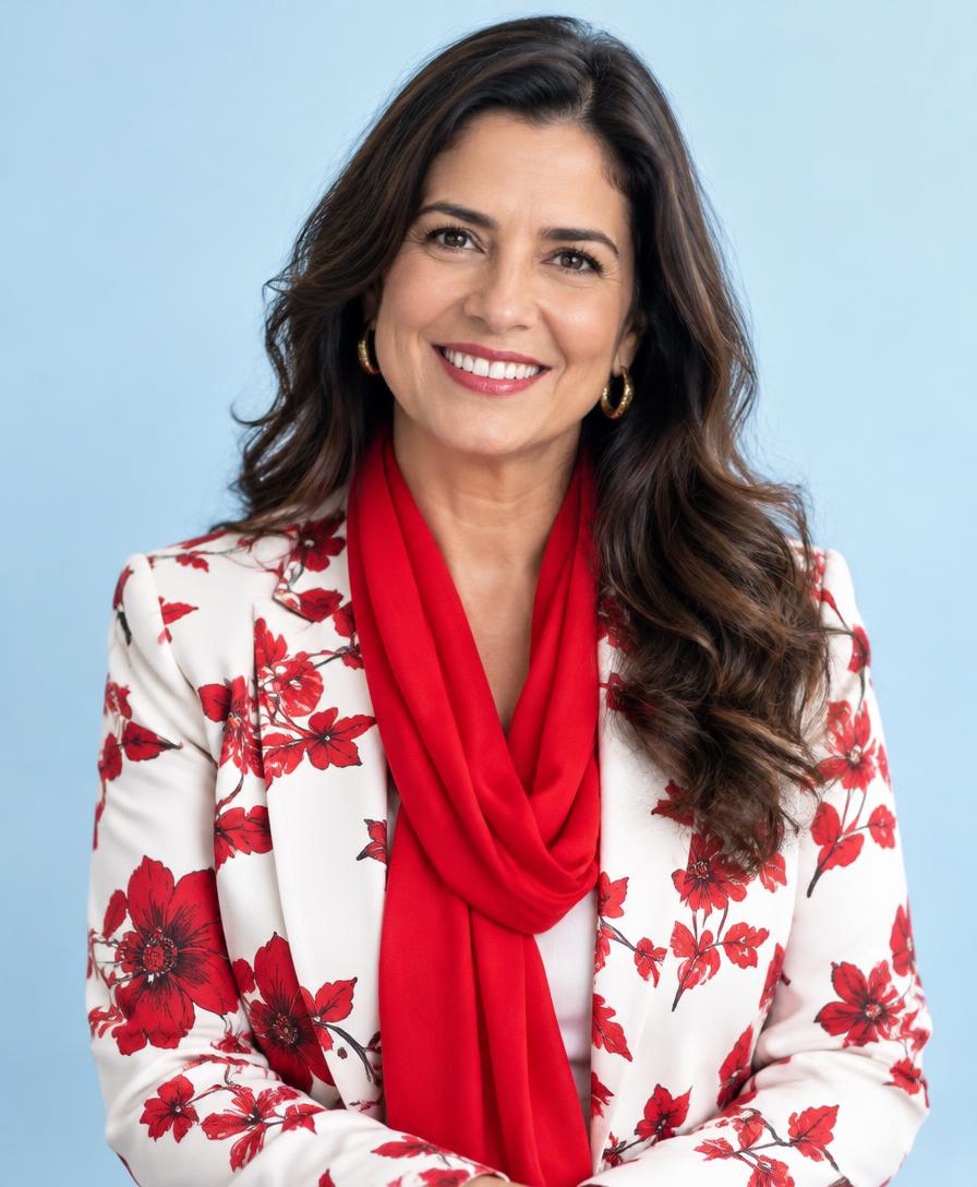 Wanda Oliveira sorrindo, de blazer floral e lenço vermelho
